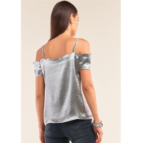 NEW Silver Scallop Off Shoulder Top - Picture 2 of 3